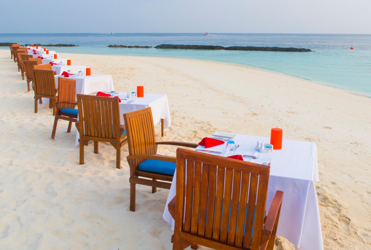 Laid Tables for a Romantic Dinner at the White Sandy Beach of Coco Bodu Hiti, North-Male-Atoll on February 24, 2017 in Male, Maldives. (Photo by EyesWideOpen/Getty Images)