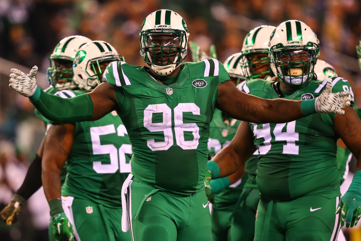 New York Jets defensive end Muhammad Wilkerson (96) during the game between the New York Jets and the Buffalo Bills played at Met Life Stadium during 'Thursday Night Football.' (Rich Graessle/Icon Sportswire) (Photo by Rich Graessle/Icon Sportswire/Corbis via Getty Images)