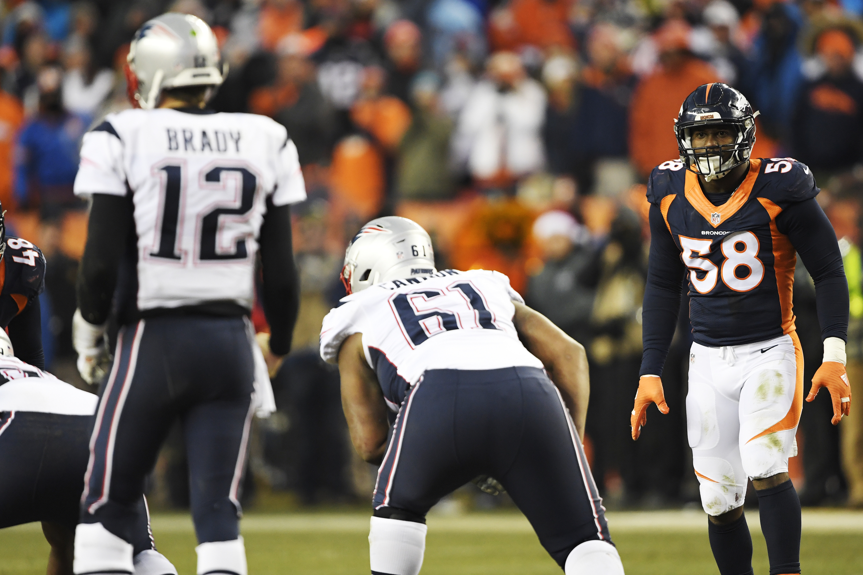 Von Miller (58) of the Denver Broncos lines up Tom Brady (12) of the New England Patriots during the fourth quarter on Sunday, December 18, 2016. The Denver Broncos hosted the New England Patriots. (Photo by Joe Amon/The Denver Post via Getty Images)