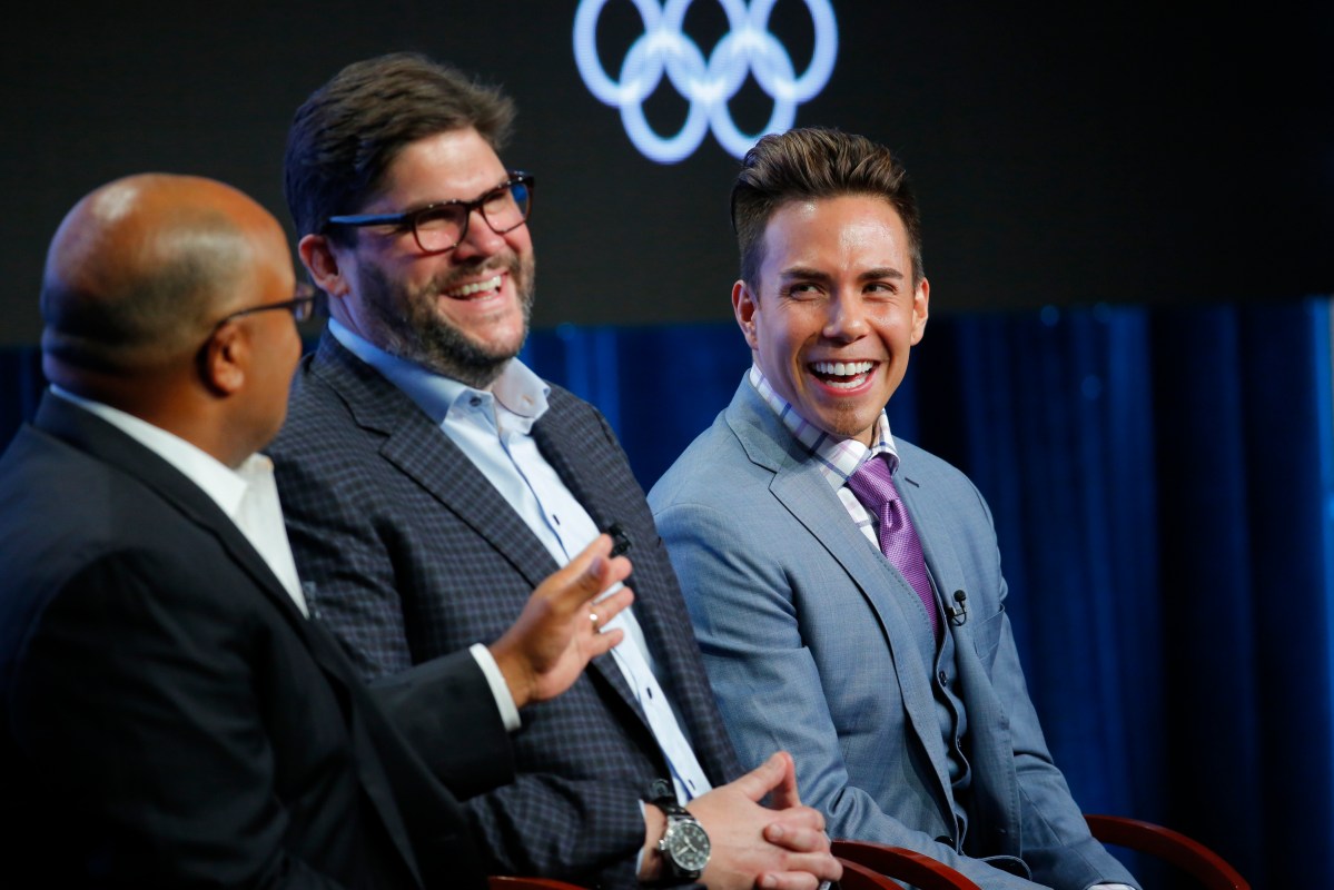 NBCUNIVERSAL EVENTS -- NBCUniversal Press Tour, August 2017 -- "The Winter Olympics" Session -- Pictured: (l-r) Mike Tirico, Primetime Host, NBC Olympics; Jim Bell, President, NBC Olympics Production & Programming; Apolo Ohno, Short Track Speed Skating Analyst -- (Photo by: Chris Haston/NBC/NBCU Photo Bank via Getty Images)