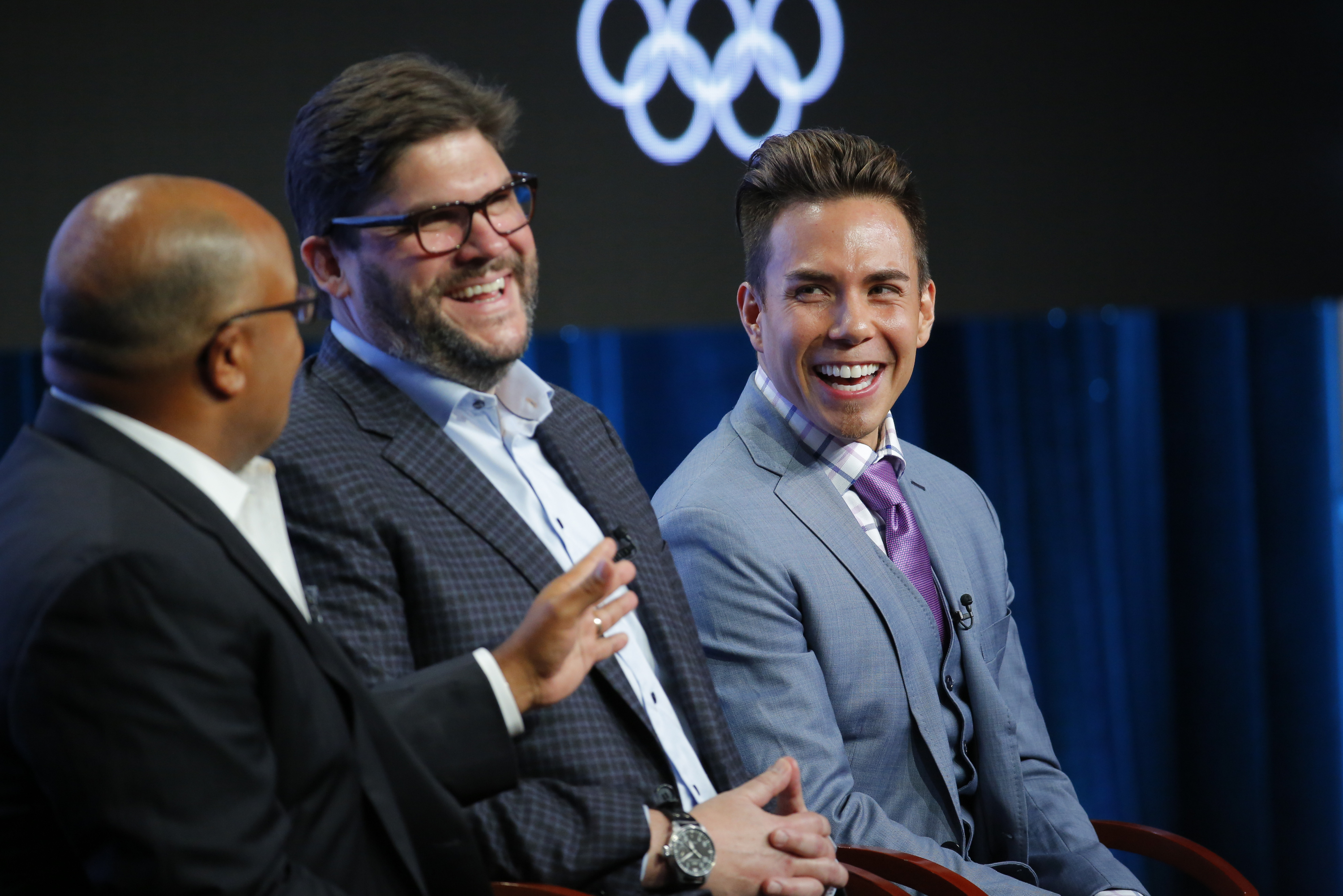 NBCUNIVERSAL EVENTS -- NBCUniversal Press Tour, August 2017 -- "The Winter Olympics" Session -- Pictured: (l-r) Mike Tirico, Primetime Host, NBC Olympics; Jim Bell, President, NBC Olympics Production & Programming; Apolo Ohno, Short Track Speed Skating Analyst -- (Photo by: Chris Haston/NBC/NBCU Photo Bank via Getty Images)