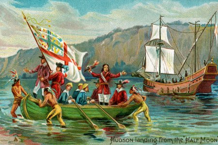 Vintage illustration of explorer Henry Hudson landing in New York from the ship Half-Moon; chromolithograph, 1905. (Photo by GraphicaArtis/Getty Images)