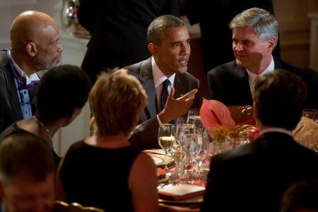 U.S. President Barack Obama, center, talks to Steve Case, chief executive officer of Revolution LLC and co-founder of America Online Inc., right, and Kareem Abdul Jabbar, retired professional basketball player, at an event titled "A Celebration of Special Olympics and A Unified Generation" to mark the anniversary of the Special Olympics in the East Room of the White House in Washington, D.C., U.S., on Thursday, July 31, 2014. Founded in 1968 by Eunice Kennedy Shriver, the Special Olympics movement has grown to more than 4.4 million athletes in 170 countries. Photographer: Andrew Harrer/Bloomberg   (Photo by ISP Pool/WHITE HOUSE POOL (ISP POOL IMAGES)/Corbis/VCG via Getty Images)