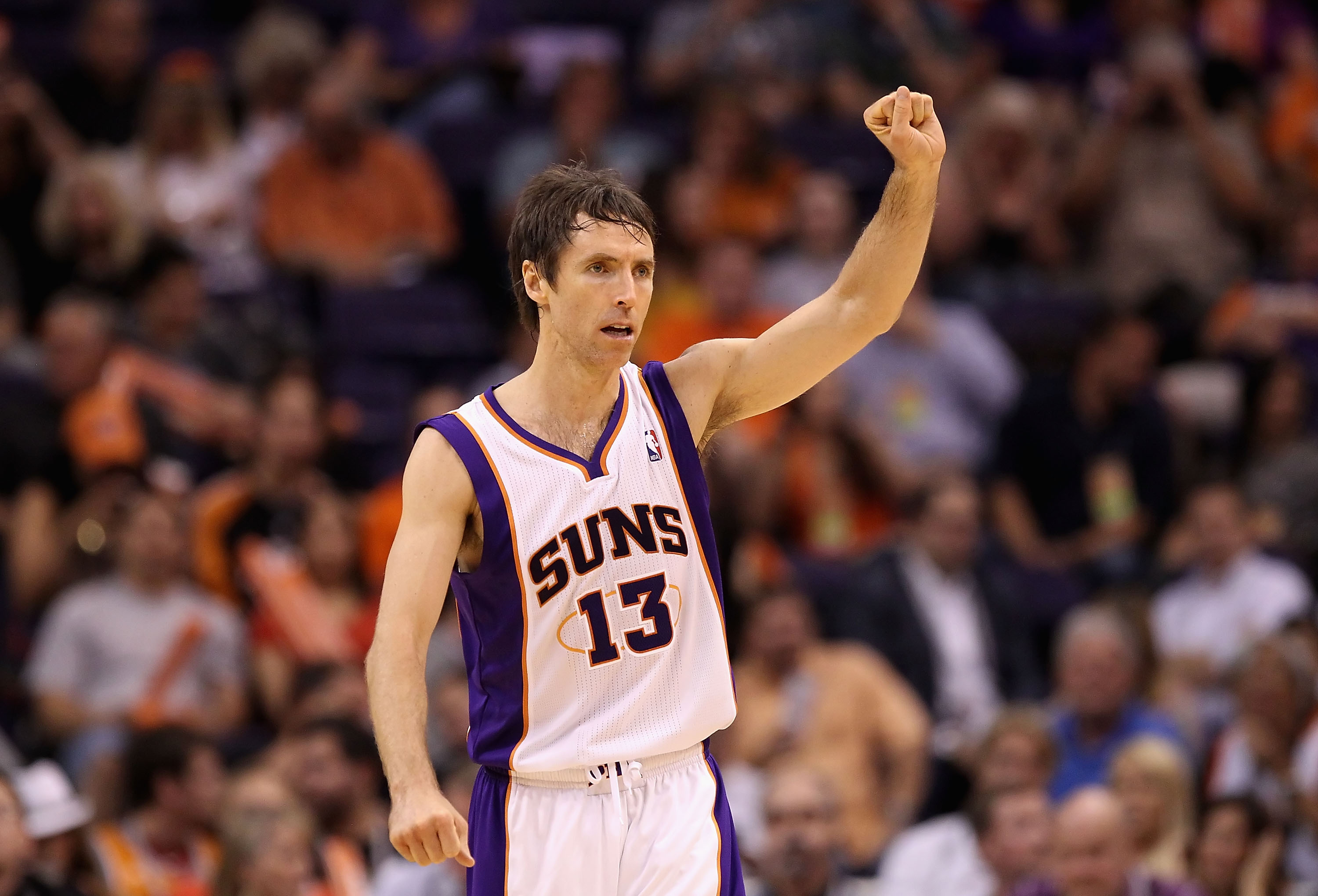 Steve Nash of the Phoenix Suns reacts during the NBA game against the San Antonio Spurs at US Airways Center on April 25, 2012 in Phoenix, Arizona. The Spurs defeated the Suns 110-106. (Photo by Christian Petersen/Getty Images)