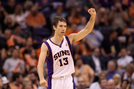 Steve Nash of the Phoenix Suns reacts during the NBA game against the San Antonio Spurs at US Airways Center on April 25, 2012 in Phoenix, Arizona.  The Spurs defeated the Suns 110-106. (Photo by Christian Petersen/Getty Images)