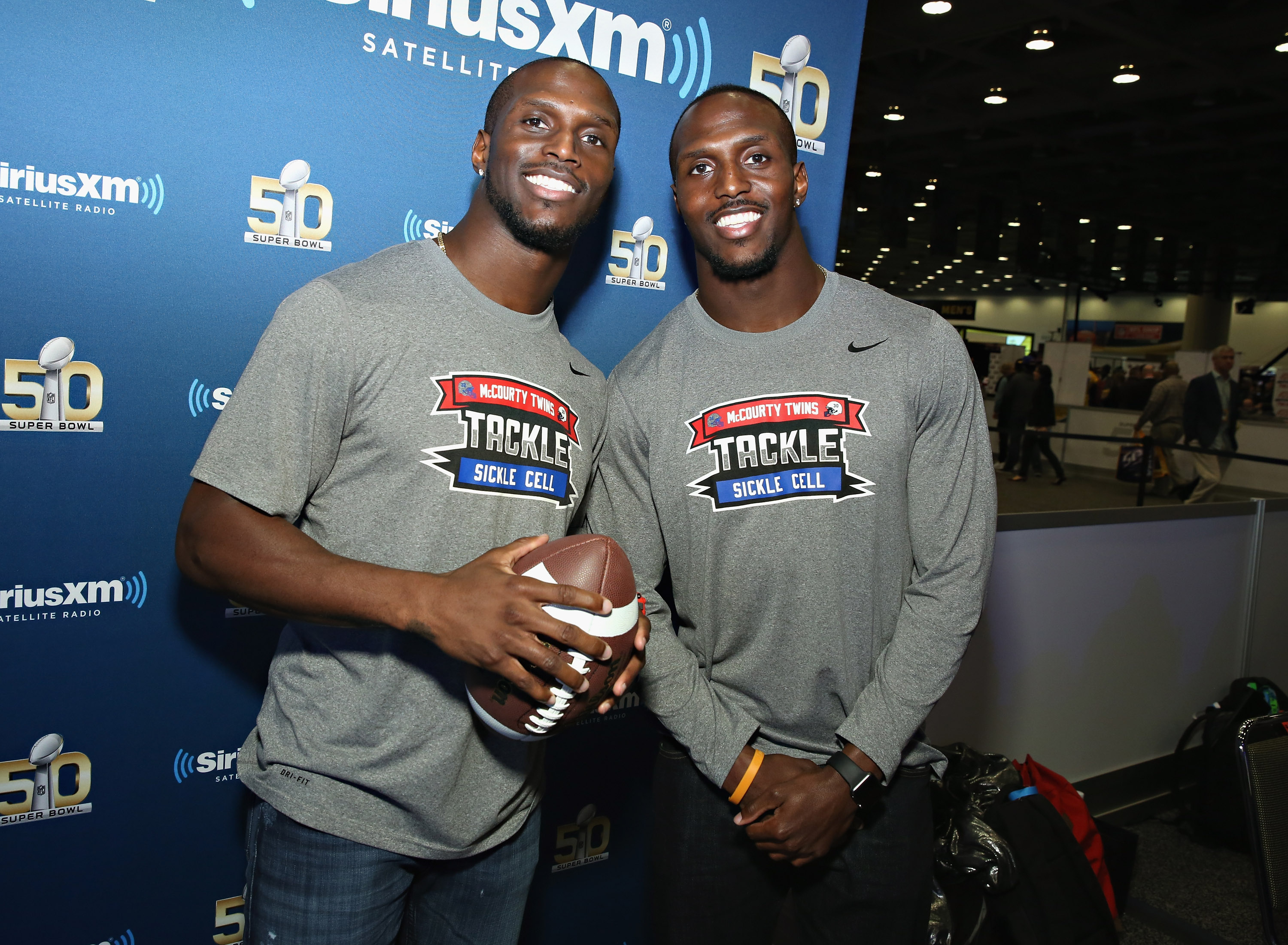 Jason McCourty of the Tennessee Titans and Devin McCourty of the New England Patriots visit the SiriusXM set at Super Bowl 50 Radio Row at the Moscone Center on February 4, 2016 in San Francisco, California.(Cindy Ord/Getty Images for SiriusXM)