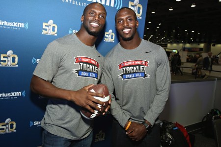 Jason McCourty of the Tennessee Titans and Devin McCourty of the New England Patriots visit the SiriusXM set at Super Bowl 50 Radio Row at the Moscone Center on February 4, 2016 in San Francisco, California.(Cindy Ord/Getty Images for SiriusXM)