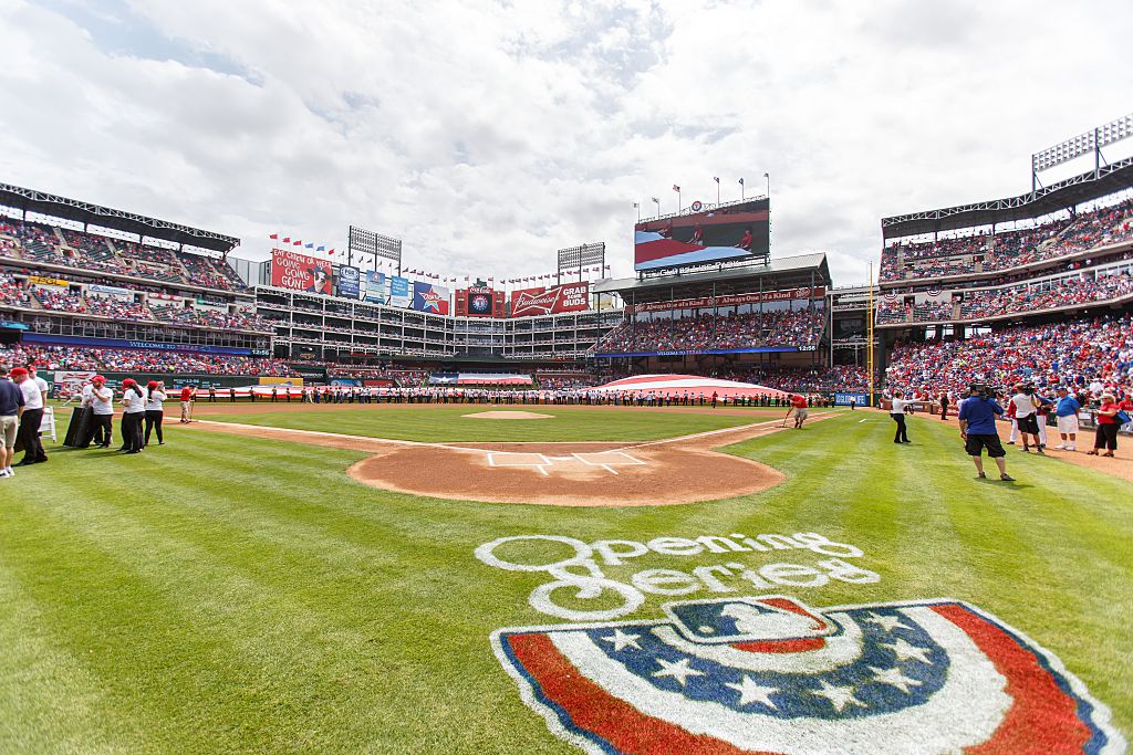 31 March 2014: Pregame ceremony prior to the MLB Opening Day game between the Texas Rangers and Philadelphia Phillies at the Globe Life Ballpark in Arlington, TX. Phillies defeat Rangers 14-10. (Photo by Andrew Dieb/Icon SMI/Corbis via Getty Images)