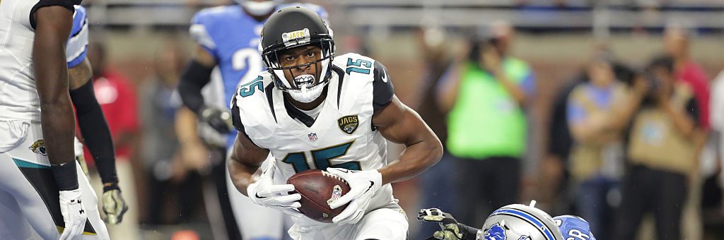 Allen Robinson #15 of the Jacksonville Jaguars celebrates a touchdown. He'll be a free agent on March 14, 2018. (Photo by Rey Del Rio/Getty Images) 