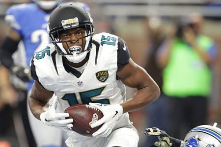 Allen Robinson #15 of the Jacksonville Jaguars celebrates a touchdown. He'll be a free agent on March 14, 2018. (Photo by Rey Del Rio/Getty Images) 