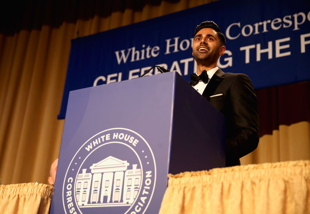 Host, comedian Hasan Minhaj speaks on stage during 2017 White House Correspondents' Association Dinner at Washington Hilton on April 29, 2017 in Washington, DC.  (Photo by Tasos Katopodis/Getty Images)