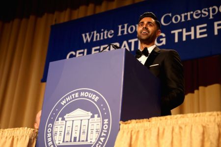 Host, comedian Hasan Minhaj speaks on stage during 2017 White House Correspondents' Association Dinner at Washington Hilton on April 29, 2017 in Washington, DC.  (Photo by Tasos Katopodis/Getty Images)