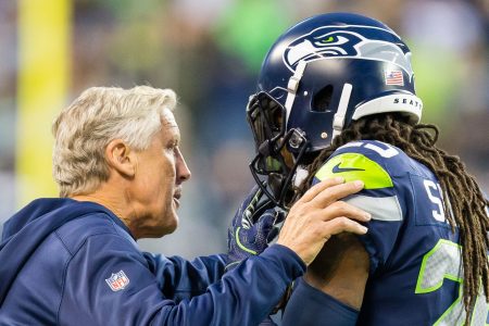Head coach Pete Carroll talks to Richard Sherman (25) of the Seattle Seahawks during a game between the Seattle Seahawks and the Indianapolis Colts on October 01, 2017. (Photo by Christopher Mast/Icon Sportswire via Getty Images)