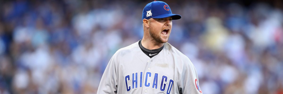 Jon Lester #34 of the Chicago Cubs reacts after the last out of the third inning during Game Two of the National League Championship Series against the Los Angeles Dodgers at Dodger Stadium on October 15, 2017. (Photo by Ezra Shaw/Getty Images)