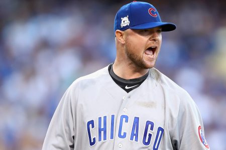 Jon Lester #34 of the Chicago Cubs reacts after the last out of the third inning during Game Two of the National League Championship Series against the Los Angeles Dodgers at Dodger Stadium on October 15, 2017. (Photo by Ezra Shaw/Getty Images)