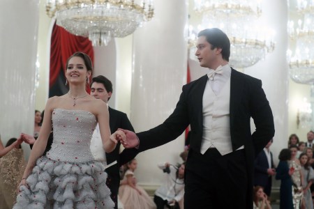 Eleonora Sevenard (L), the great granddaughter of Mathilde Kschessinska (1872-1971), a Russian Imperial Ballet prima ballerina, dances at the Tatler Debutantes Ball 2017 event held in the Pillar Hall of the House of the Unions in Moscow. (Vyacheslav ProkofyevTASS via Getty Images)