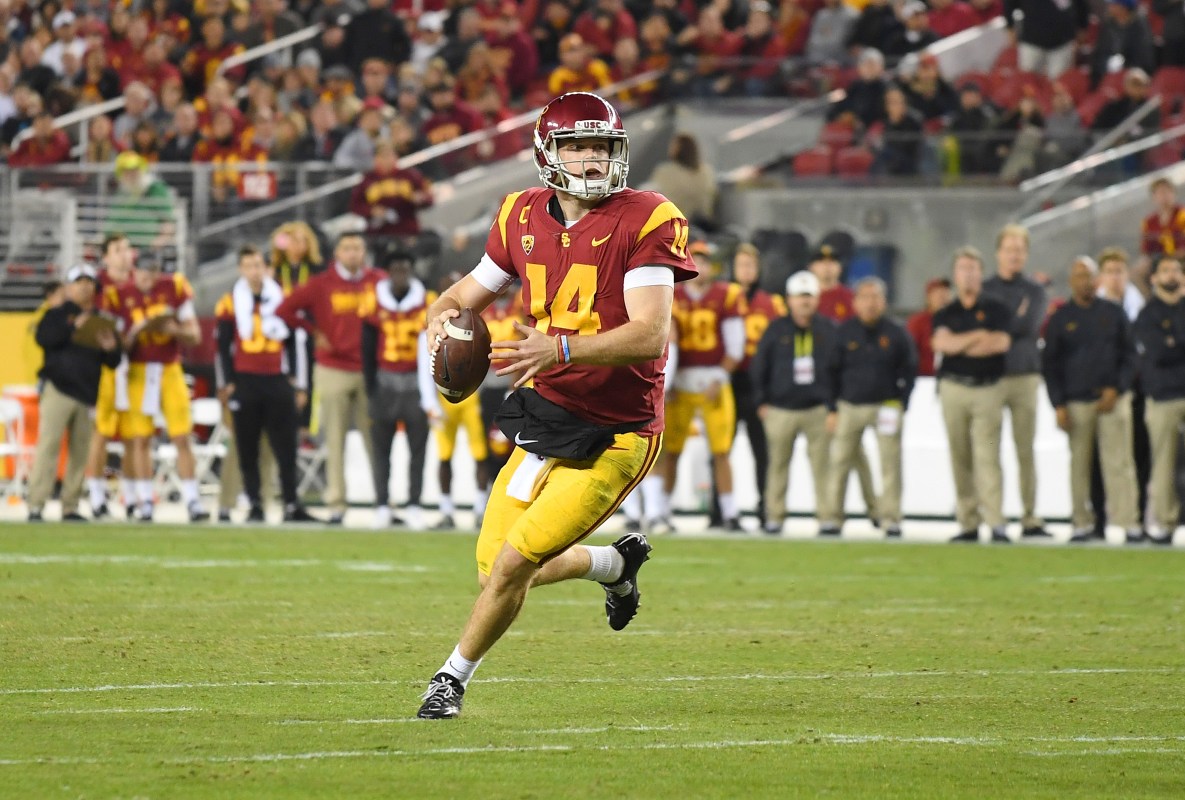 Sam Darnold #14 of the USC Trojans looks to throw a pass against the Stanford Cardinal during the Pac-12 Football Championship Game. (Photo by Thearon W. Henderson/Getty Images)