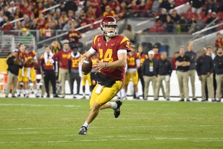 Sam Darnold #14 of the USC Trojans looks to throw a pass against the Stanford Cardinal during the Pac-12 Football Championship Game. (Photo by Thearon W. Henderson/Getty Images)
