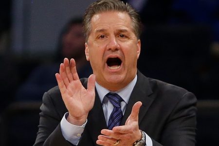 Head coach John Calipari of the Kentucky Wildcats reacts against the Monmouth Hawks. (Photo by Michael Reaves/Getty Images)
