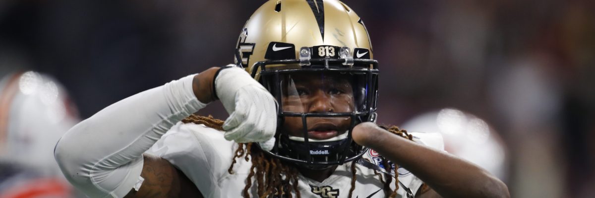 UCF Knights linebacker Shaquem Griffin reacts after a sack during the Chick-fil-A Peach Bowl.
 (Photo by Todd Kirkland/Icon Sportswire via Getty Images)