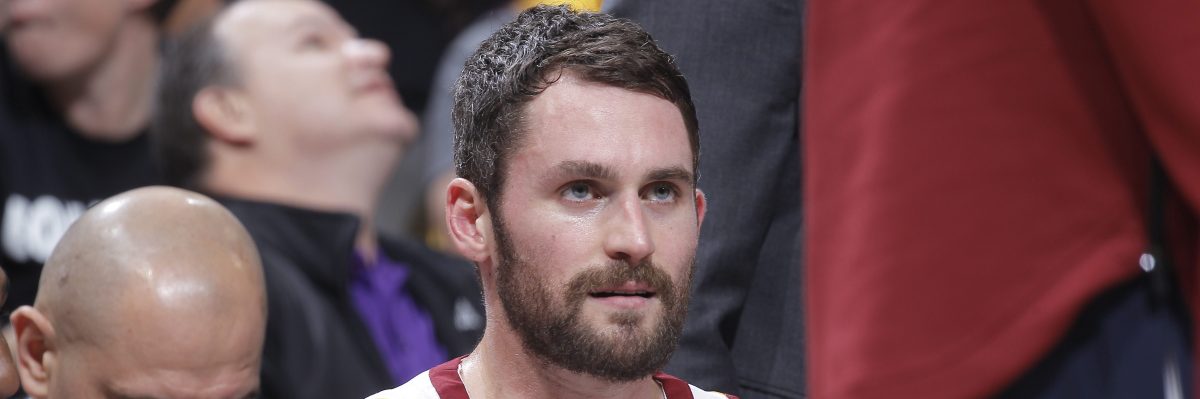 Kevin Love of the Cleveland Cavaliers looks on during the game against the Sacramento Kings on December 27, 2017. (Photo by Rocky Widner/NBAE via Getty Images)