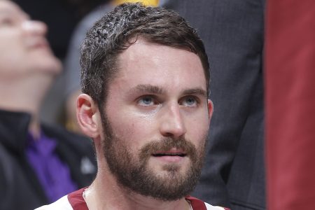 Kevin Love of the Cleveland Cavaliers looks on during the game against the Sacramento Kings on December 27, 2017. (Photo by Rocky Widner/NBAE via Getty Images)