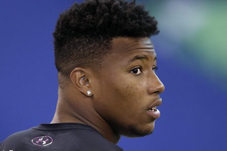 Penn State running back Saquon Barkley looks on during the 2018 NFL Combine. (Photo by Joe Robbins/Getty Images)