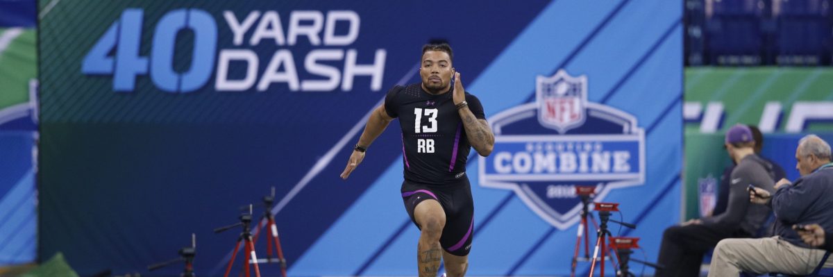 LSU running back Derrius Guice runs the 40-yard dash during the 2018 NFL Combine. (Photo by Joe Robbins/Getty Images)