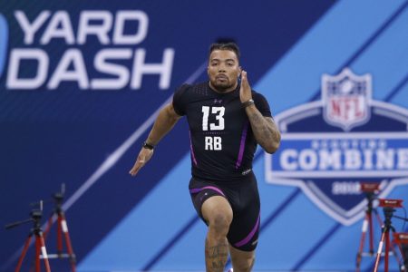 LSU running back Derrius Guice runs the 40-yard dash during the 2018 NFL Combine. (Photo by Joe Robbins/Getty Images)