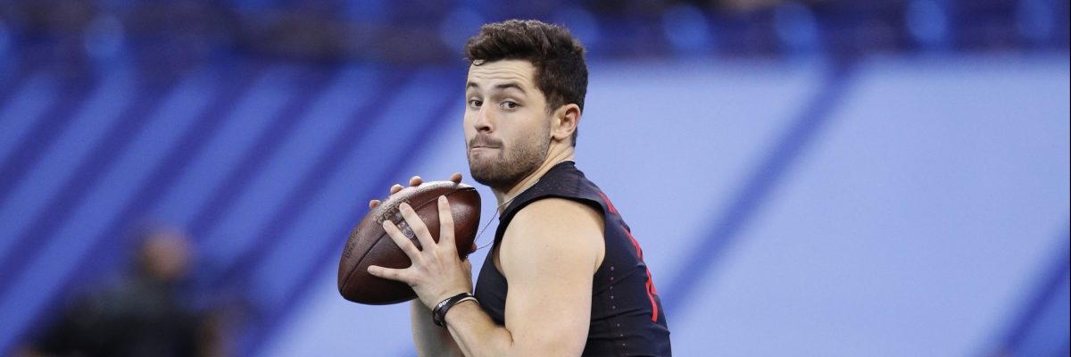 Oklahoma quarterback Baker Mayfield throws during the NFL Combine at Lucas Oil Stadium on March 3, 2018 in Indianapolis, Indiana. (Photo by Joe Robbins/Getty Images)