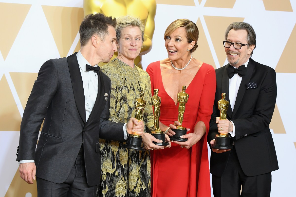 Actor Sam Rockwell, winner of the Best Supporting Actor award for 'Three Billboards Outside Ebbing, Missouri', actor Frances McDormand, winner of the Best Actress award for 'Three Billboards Outside Ebbing, Missouri', actor Allison Janney, winner of the Best Supporting Actress award for 'I, Tonya' and actor Gary Oldman, winner of the Best Actor award for 'Darkest Hour,' pose during the 90th Annual Academy Awards. (Photo by Steve Granitz/WireImage)