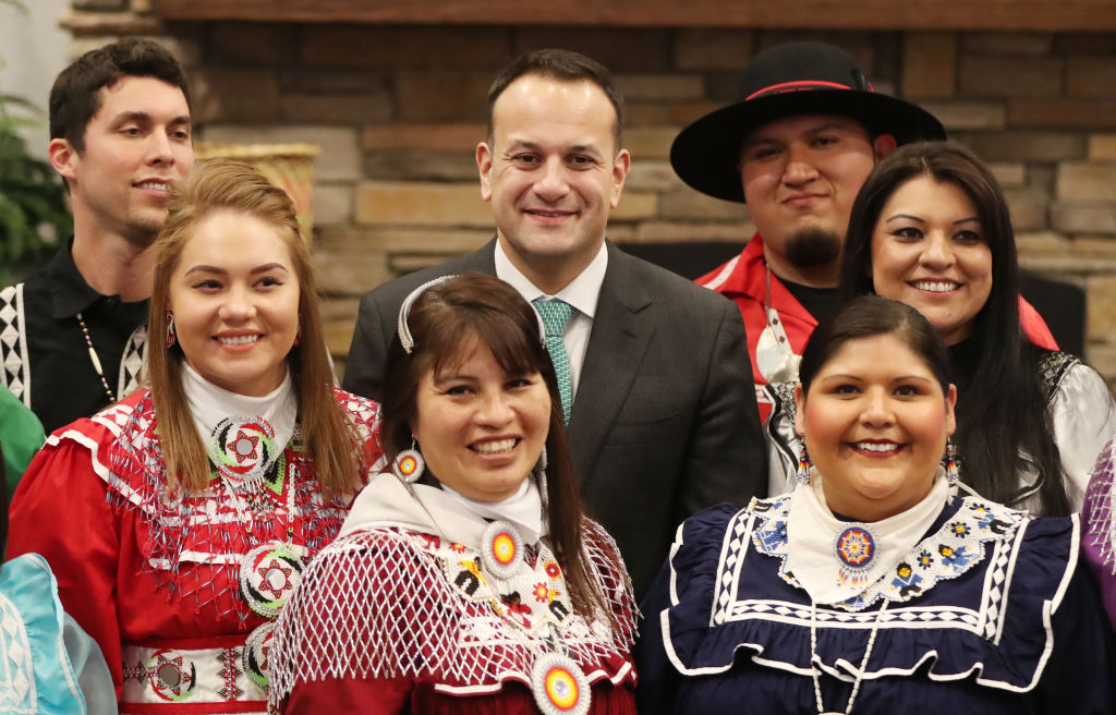 Taoiseach Leo Varadkar poses for pictures with members of Choctaw Nation at the Choctaw tribal council in the Main Hall in Oaklahoma on day two of his week long visit to the United States of America. (Photo by Niall Carson/PA Images via Getty Images)