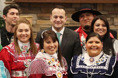 Taoiseach Leo Varadkar poses for pictures with members of Choctaw Nation at the Choctaw tribal council in the Main Hall in Oaklahoma on day two of his week long visit to the United States of America. (Photo by Niall Carson/PA Images via Getty Images)