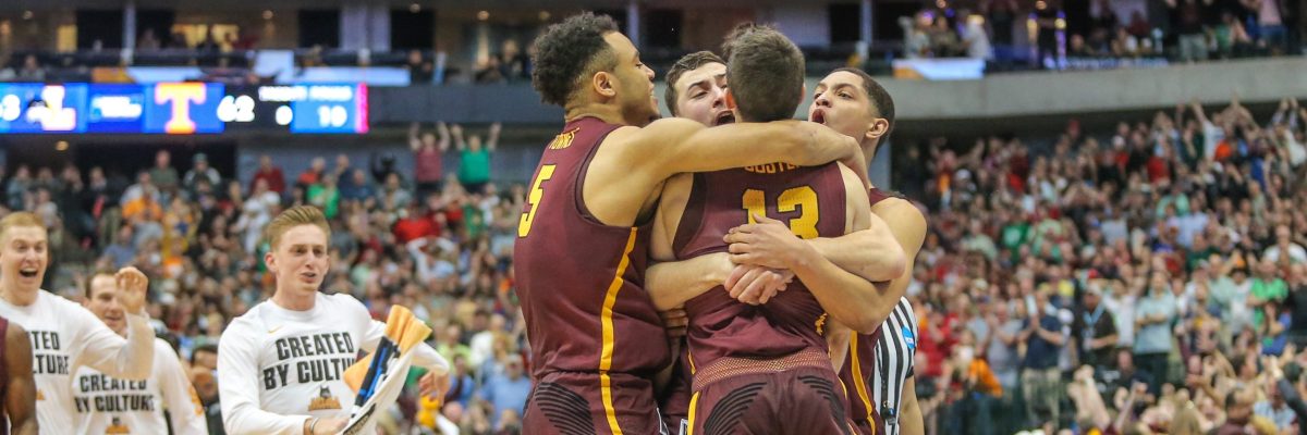 Loyola-Chicago Ramblers players celebrate winning the NCAA Div I Men's Championship Second Round basketball game between Loyola-Chicago and Tennessee on March 17. (Photo by George Walker/Icon Sportswire via Getty Images)