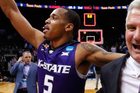 Barry Brown #5 of the Kansas State Wildcats celebrates with head coach Bruce Weber after defeating the Kentucky Wildcats during the 2018 NCAA Men's Basketball Tournament South Regional at Philips Arena on March 22, 2018 in Atlanta, Georgia. (Photo by Kevin C. Cox/Getty Images)