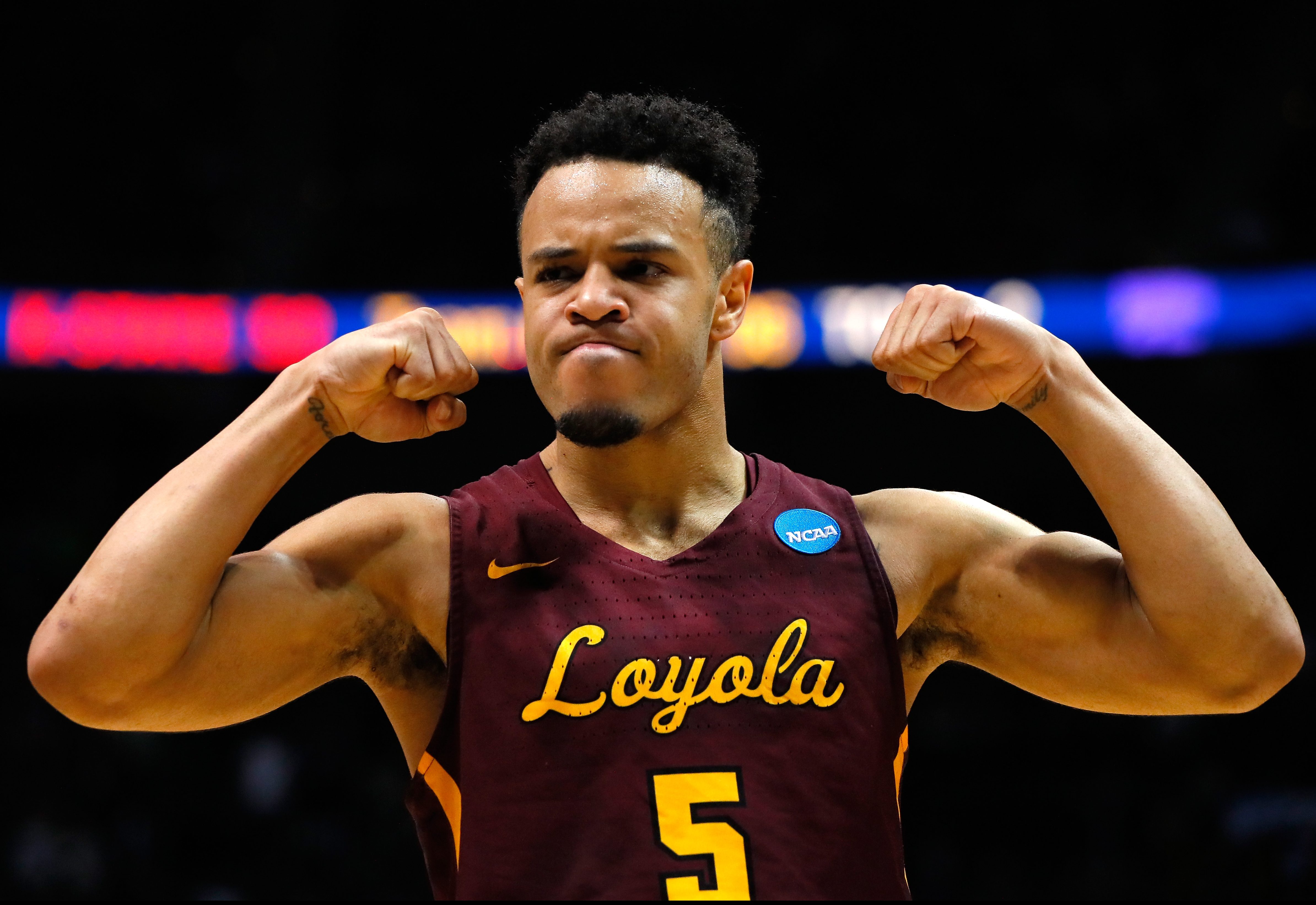 Marques Townes #5 of the Loyola Ramblers reacts after a play late in the second half against the Kansas State Wildcats during the 2018 NCAA Men's Basketball Tournament South Regional at Philips Arena on March 24, 2018 in Atlanta, Georgia.  (Photo by Kevin C. Cox/Getty Images)