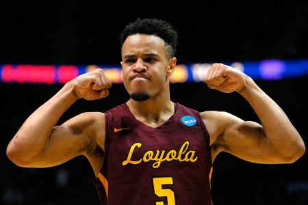 Marques Townes #5 of the Loyola Ramblers reacts after a play late in the second half against the Kansas State Wildcats during the 2018 NCAA Men's Basketball Tournament South Regional at Philips Arena on March 24, 2018 in Atlanta, Georgia.  (Photo by Kevin C. Cox/Getty Images)
