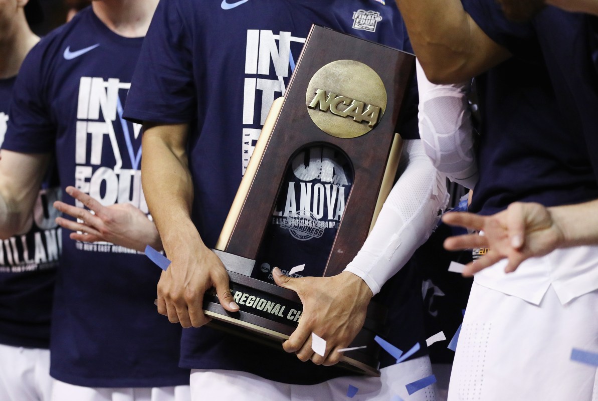 A detailed view as the Villanova Wildcats celebrate with the East Regional Champion trophy after defeating the Texas Tech Red Raiders 71-59 in the 2018 NCAA Men's Basketball Tournament East Regional to advance to the 2018 Final Four.  (Photo by Maddie Meyer/Getty Images)