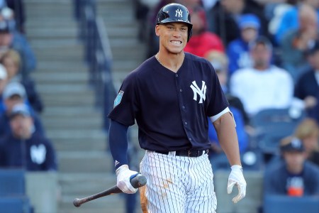 Aaron Judge #99 of the New York Yankees reacts to a pitch during a game against the Baltimore Orioles on Wednesday, March 21, 2018 at George M. Steinbrenner Field in Tampa, Florida.  (Photo by Alex Trautwig/MLB Photos via Getty Images)