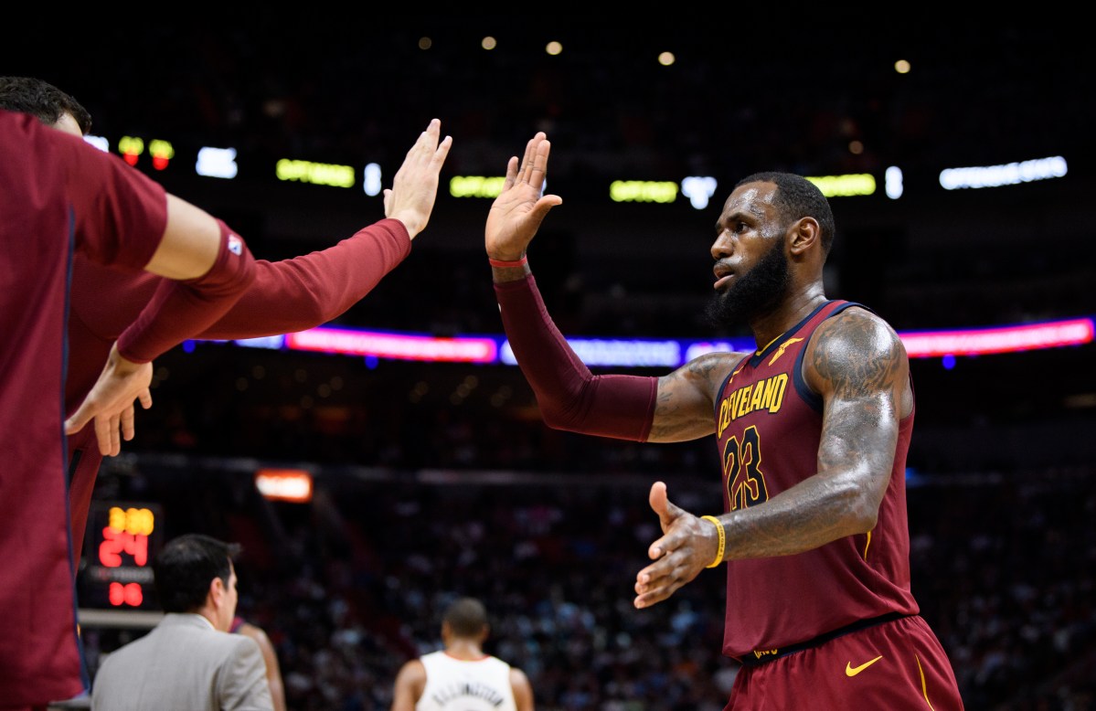 LeBron James #23 of the Cleveland Cavaliers reacts during the first half of the game against the Miami Heat at American Airlines Arena on March 27, 2018 in Miami, Florida. (Photo by Rob Foldy/Getty Images)