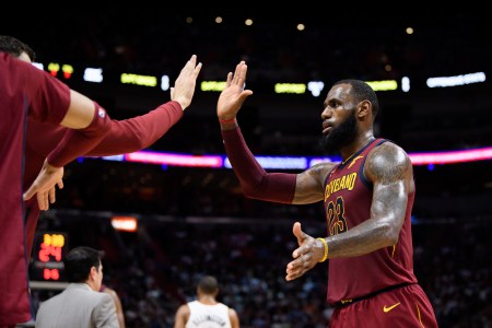 LeBron James #23 of the Cleveland Cavaliers reacts during the first half of the game against the Miami Heat at American Airlines Arena on March 27, 2018 in Miami, Florida. (Photo by Rob Foldy/Getty Images)