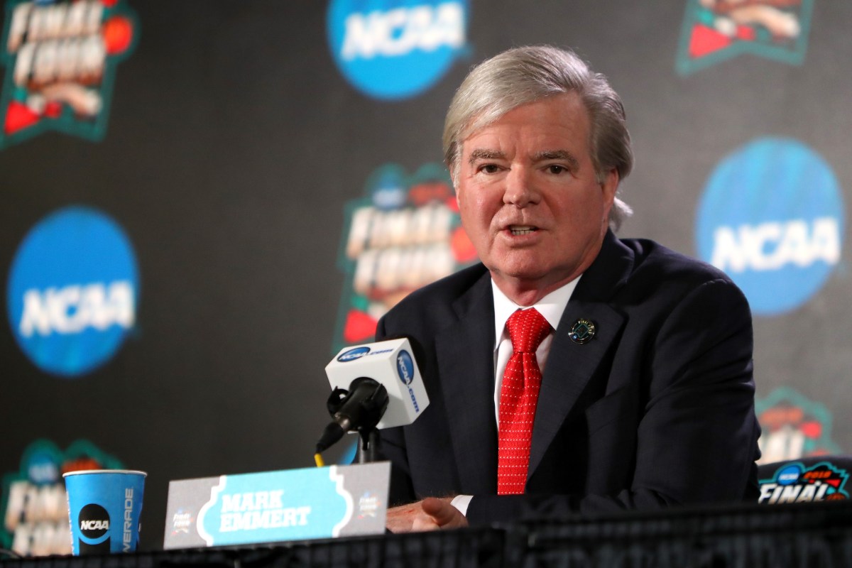 NCAA President Dr. Mark Emmert speaks to the media during media day for the 2018 Men's NCAA Final Four at the Alamodome on March 29, 2018 in San Antonio, Texas.  (Photo by Mike Lawrie/Getty Images)