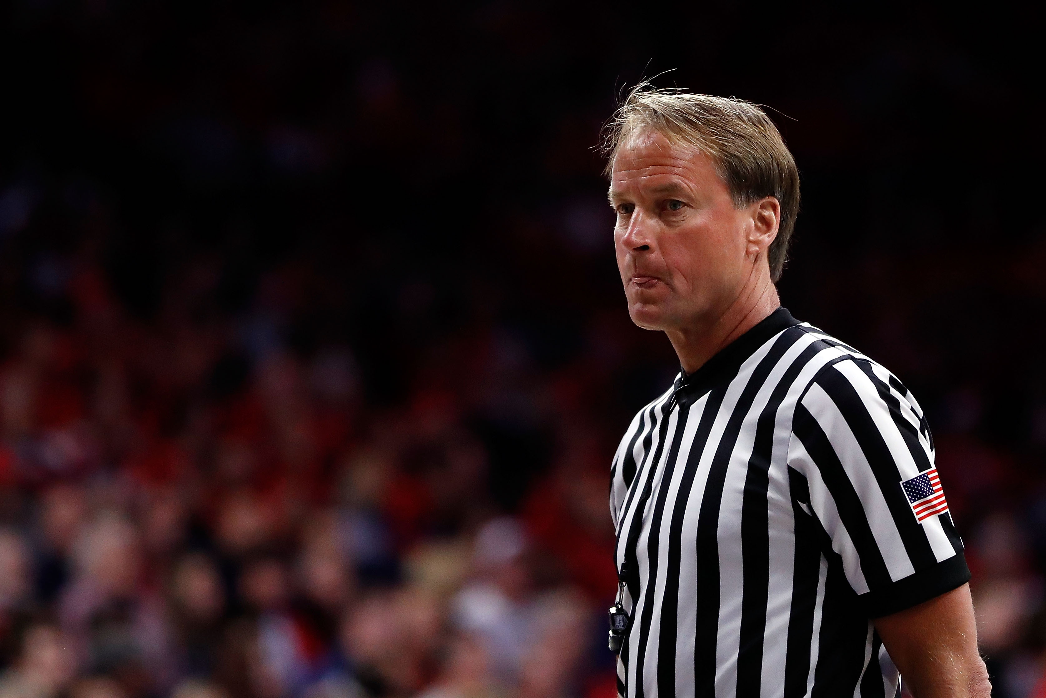 Official John Higgins during the the college basketball game between the Arizona Wildcats and the UCLA Bruins at McKale Center on February 8, 2018 in Tucson, Arizona. The Bruins beat the Wildcats 82-74. (Photo by Chris Coduto/Getty Images)