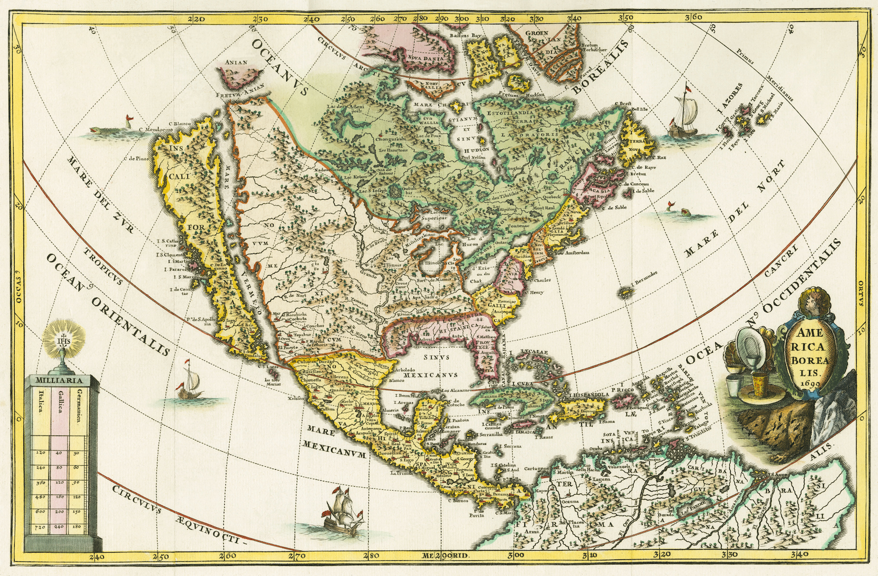 America borealis. Map of North America showing California as an island. From Heinrich Scherer's Geographia hierarchica, one of a seven volume set called Atlas Novus, first published between 1702 and 1710. The 180 maps in the collection were probably prepared around 1699-1700. This particular map is dated 1699 in the cartouche. (Photo by: Universal History Archive/UIG via Getty Images)