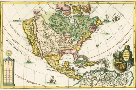 America borealis. Map of North America showing California as an island. From Heinrich Scherer's Geographia hierarchica, one of a seven volume set called Atlas Novus, first published between 1702 and 1710. The 180 maps in the collection were probably prepared around 1699-1700. This particular map is dated 1699 in the cartouche. (Photo by: Universal History Archive/UIG via Getty Images)