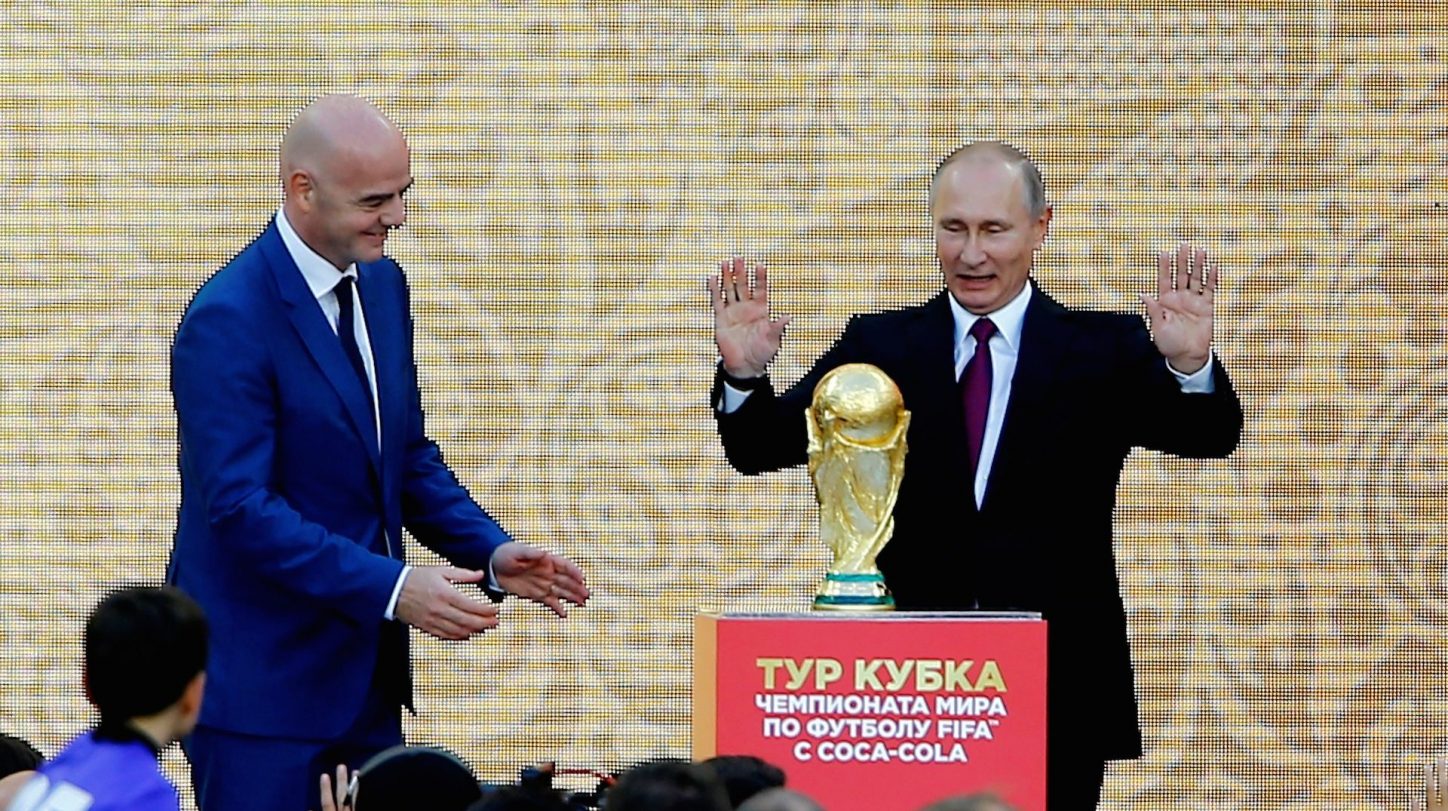 Russian President Vladimir Putin (R) and FIFA President Gianni Infantino (L) attend the official kickoff ceremony for the 2018 FIFA World Cup Trophy Tour, at Luzhniki Stadium in Moscow, Russia, on September 09, 2017. (Sefa Karacan/Anadolu Agency/Getty Images)