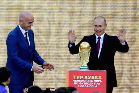 Russian President Vladimir Putin (R) and FIFA President Gianni Infantino (L) attend the official kickoff ceremony for the 2018 FIFA World Cup Trophy Tour, at Luzhniki Stadium in Moscow, Russia, on September 09, 2017. (Sefa Karacan/Anadolu Agency/Getty Images)