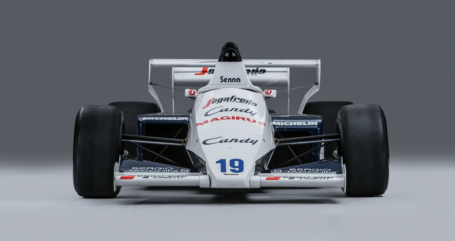 Ayrton Senna’s Toleman-Hart TG184 from the 1984 Monaco Grand Prix. (Photos courtesy of Bonhams)