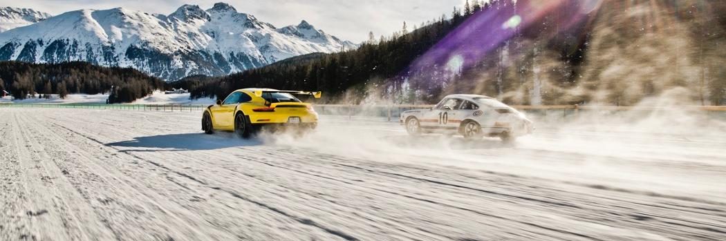 A Porsche 911 GT2 RS with a Porsche 911 ST on Lake St. Moritz (Porsche)