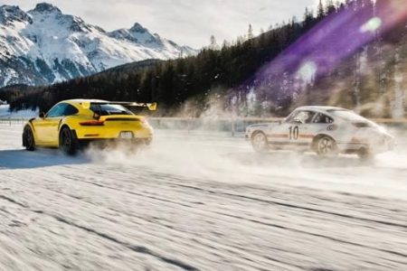A Porsche 911 GT2 RS with a Porsche 911 ST on Lake St. Moritz (Porsche)